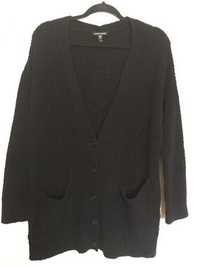 Eileen Fisher black organic cotton cashmere knit cardigan long cozy XS oversized